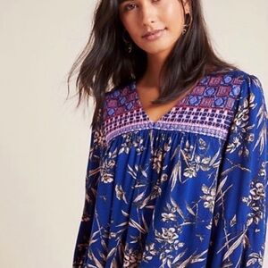 Anthropologie Embroidered Peasant Blouse-Floral Navy, Pink, Purple-Medium